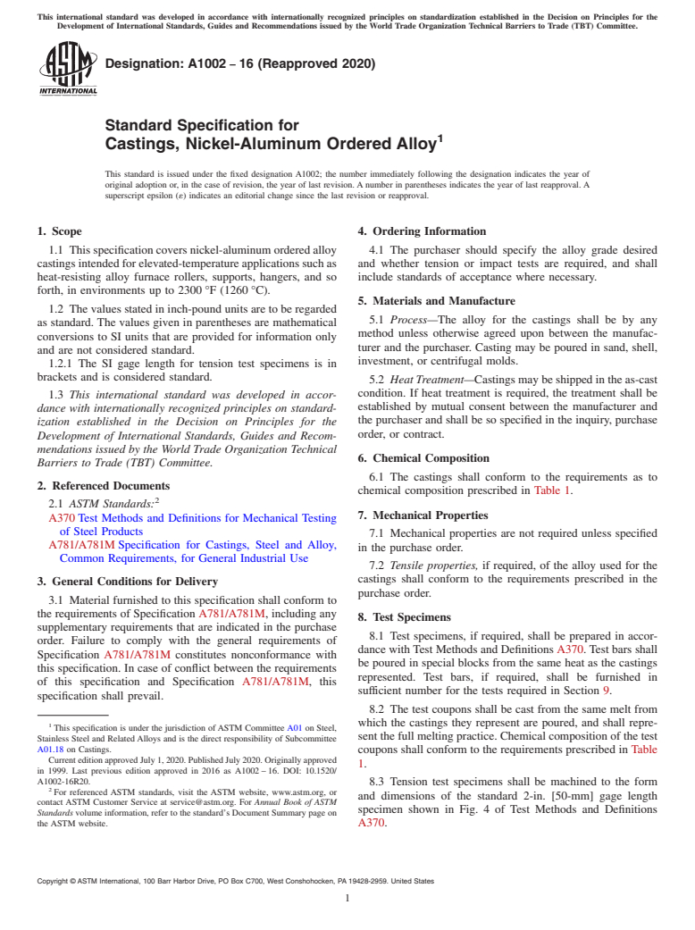 ASTM A1002-16(2020) - Standard Specification for Castings, Nickel-Aluminum Ordered Alloy