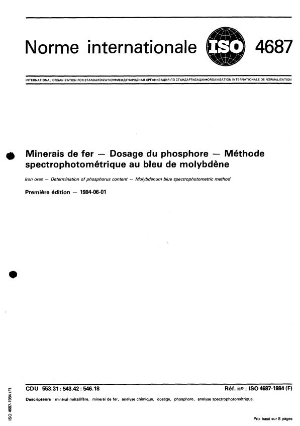ISO 4687:1984 - Minerais de fer -- Dosage du phosphore -- Méthode spectrophotométrique au bleu de molybdene