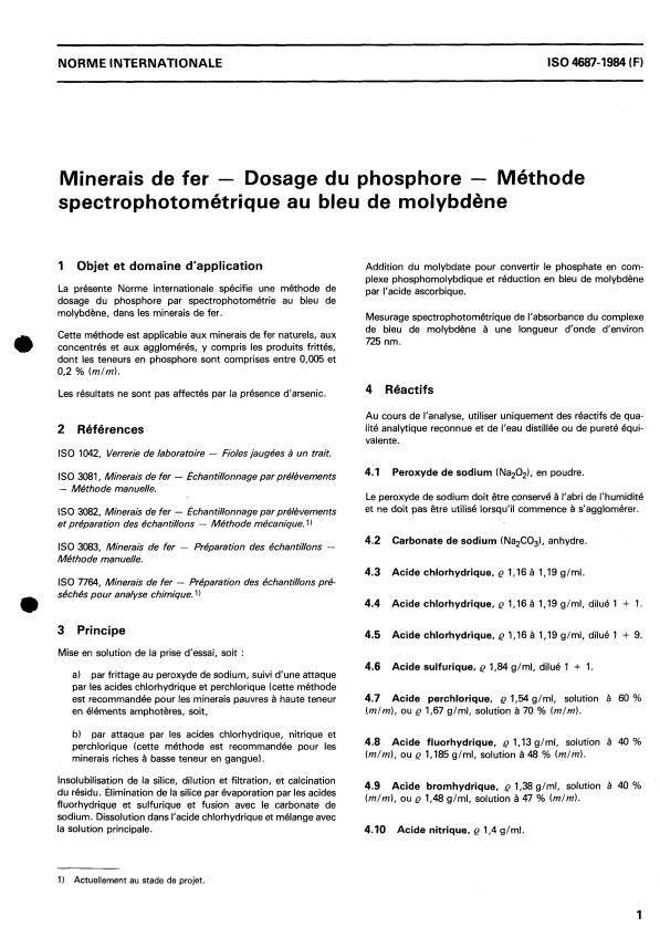 ISO 4687:1984 - Minerais de fer -- Dosage du phosphore -- Méthode spectrophotométrique au bleu de molybdene