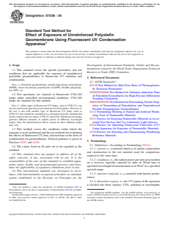 ASTM D7238-20 ASTM D7238-20 - Standard Test Method for Effect of Exposure of Unreinforced Polyolefin Geomembrane Using Fluorescent UV Condensation Apparatus - Page 1 preview