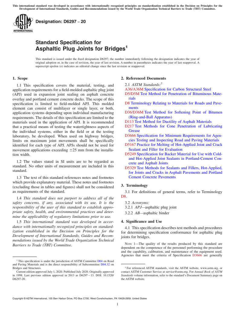 ASTM D6297-20 - Standard Specification for Asphaltic Plug Joints for Bridges