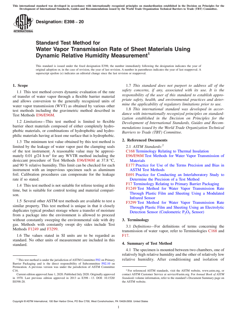 ASTM E398-20 - Standard Test Method for  Water Vapor Transmission Rate of Sheet Materials Using Dynamic  Relative Humidity Measurement