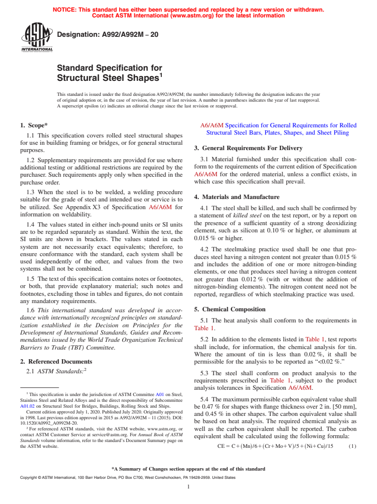 ASTM A992/A992M-20 - Standard Specification for  Structural Steel Shapes