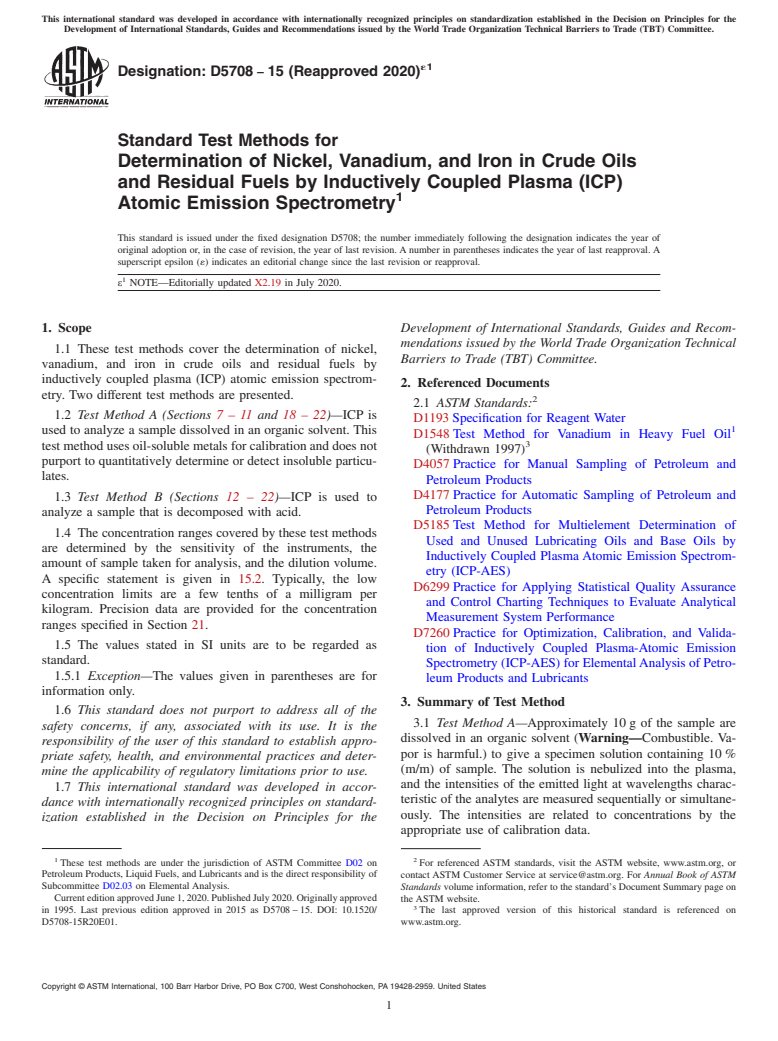 ASTM D5708-15(2020)e1 - Standard Test Methods for  Determination of Nickel, Vanadium, and Iron in Crude Oils and   Residual Fuels by Inductively Coupled Plasma (ICP) Atomic Emission   Spectrometry