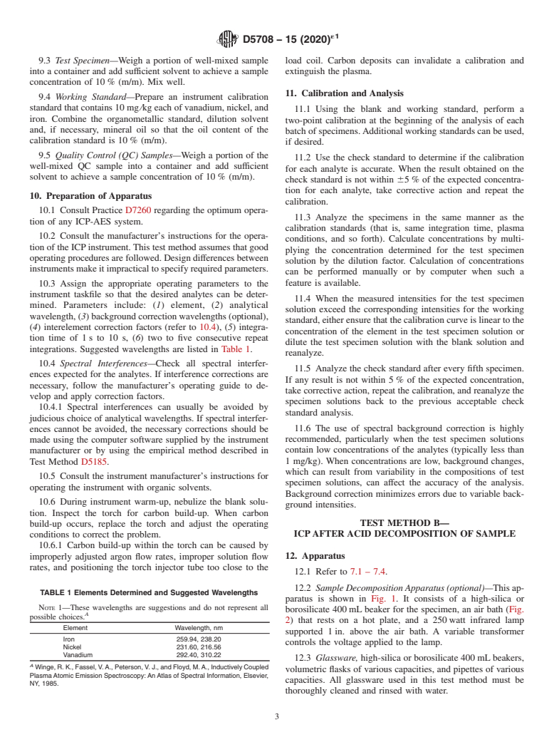 ASTM D5708-15(2020)e1 - Standard Test Methods for  Determination of Nickel, Vanadium, and Iron in Crude Oils and   Residual Fuels by Inductively Coupled Plasma (ICP) Atomic Emission   Spectrometry