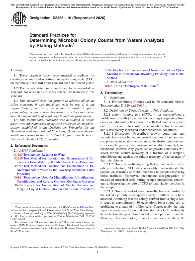 ASTM D5465-16(2020) - Standard Practices for  Determining Microbial Colony Counts from Waters Analyzed by  Plating Methods