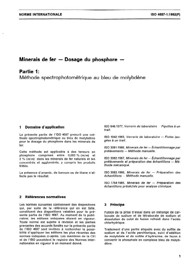 ISO 4687-1:1992 - Minerais de fer -- Dosage du phosphore