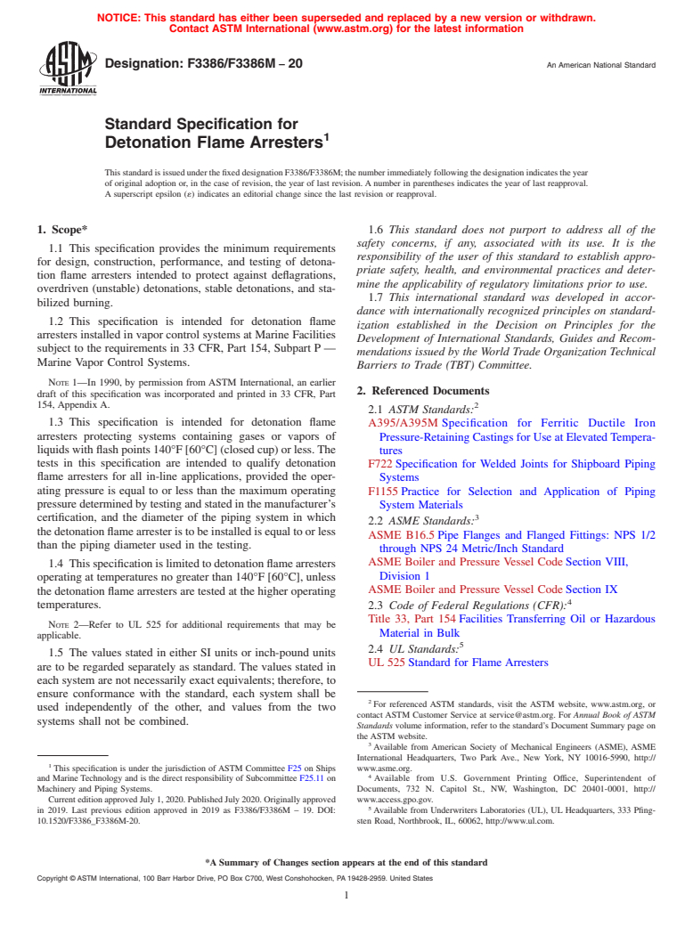 ASTM F3386/F3386M-20 - Standard Specification for Detonation Flame Arresters