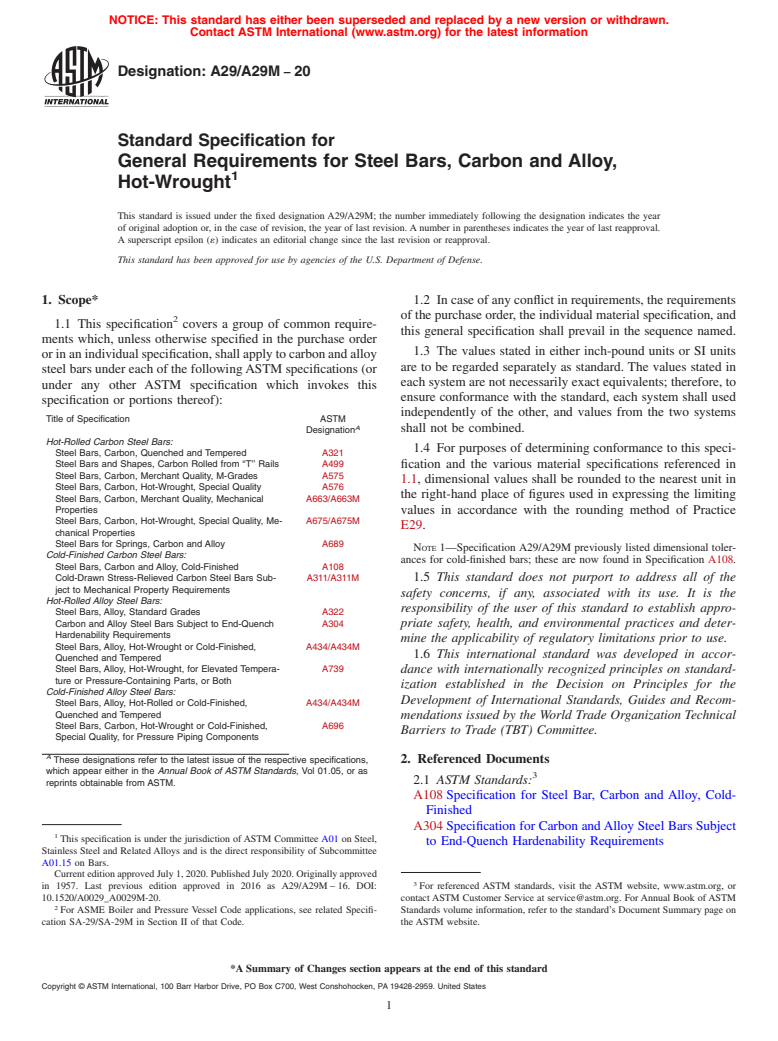 ASTM A29/A29M-20 - Standard Specification for General Requirements for Steel Bars, Carbon and Alloy, Hot-Wrought