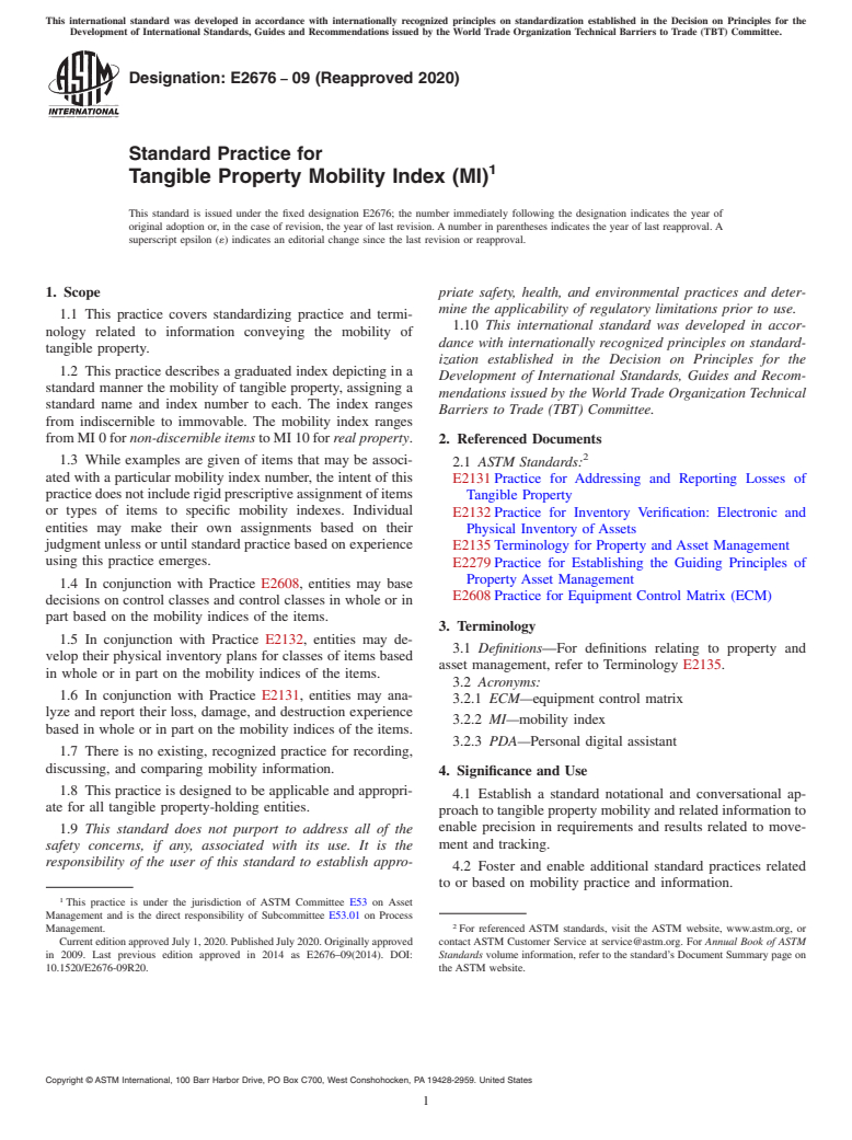 ASTM E2676-09(2020) - Standard Practice for Tangible Property Mobility Index (MI)