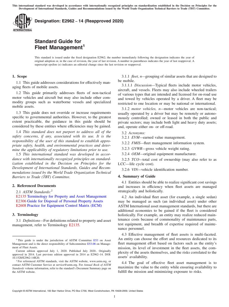 ASTM E2962-14(2020) - Standard Guide for Fleet Management