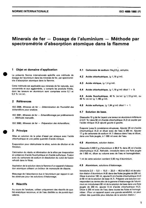 ISO 4688:1980 - Minerais de fer -- Dosage de l'aluminium -- Méthode par spectrométrie d'absorption atomique dans la flamme