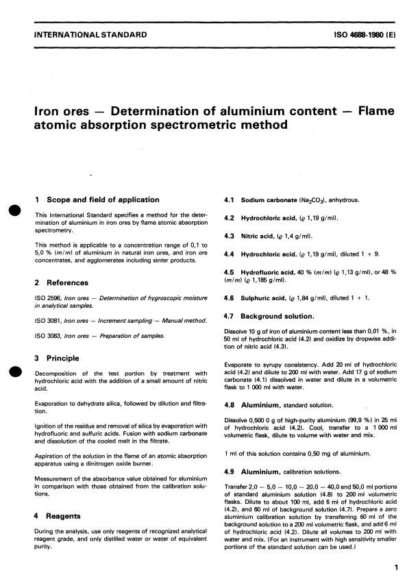ISO 4688:1980 - Iron ores -- Determination of aluminium content -- Flame atomic absorption spectrometric method