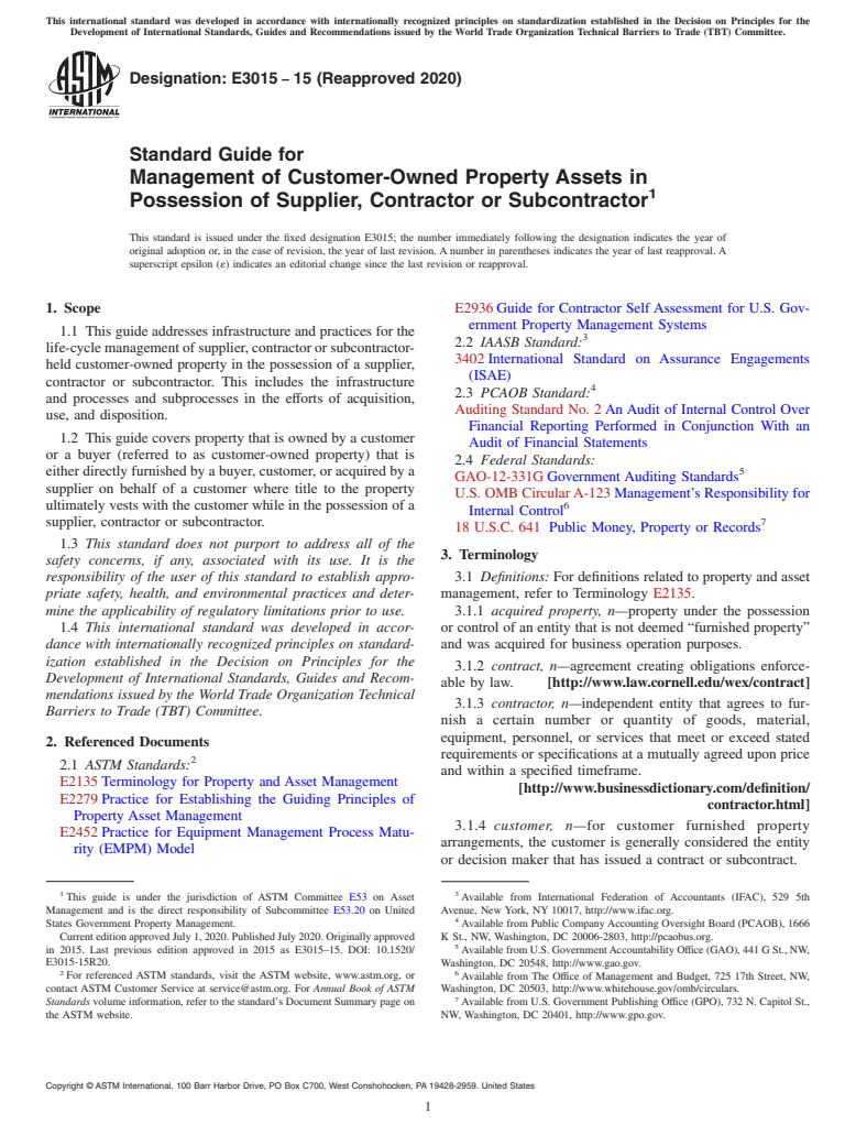 ASTM E3015-15(2020) - Standard Guide for Management of Customer-Owned Property Assets in Possession  of Supplier, Contractor or Subcontractor