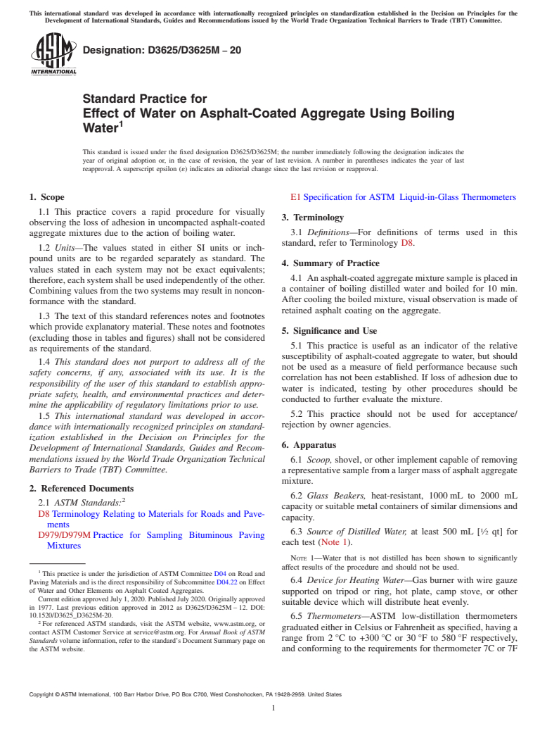 ASTM D3625/D3625M-20 - Standard Practice for Effect of Water on Asphalt-Coated Aggregate Using Boiling Water