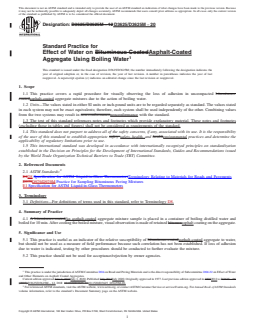 ASTM D3625/D3625M-20 REDLINE ASTM D3625/D3625M-20 - Standard Practice for Effect of Water on Asphalt-Coated Aggregate Using Boiling Water - Page 1 preview