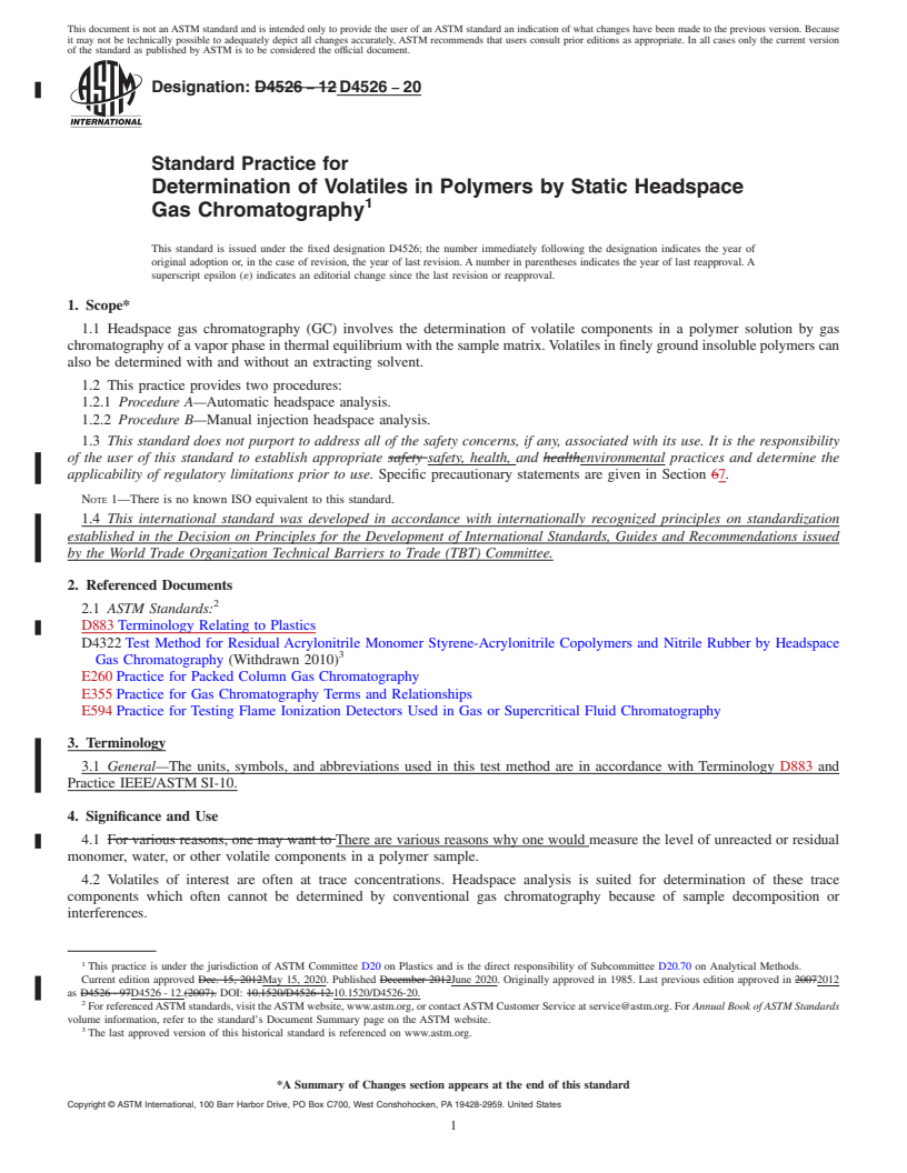 REDLINE ASTM D4526-20 - Standard Practice for  Determination of Volatiles in Polymers by Static Headspace  Gas Chromatography