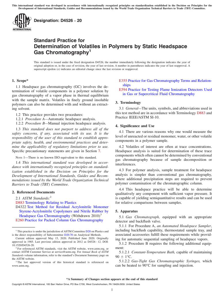 ASTM D4526-20 - Standard Practice for  Determination of Volatiles in Polymers by Static Headspace  Gas Chromatography