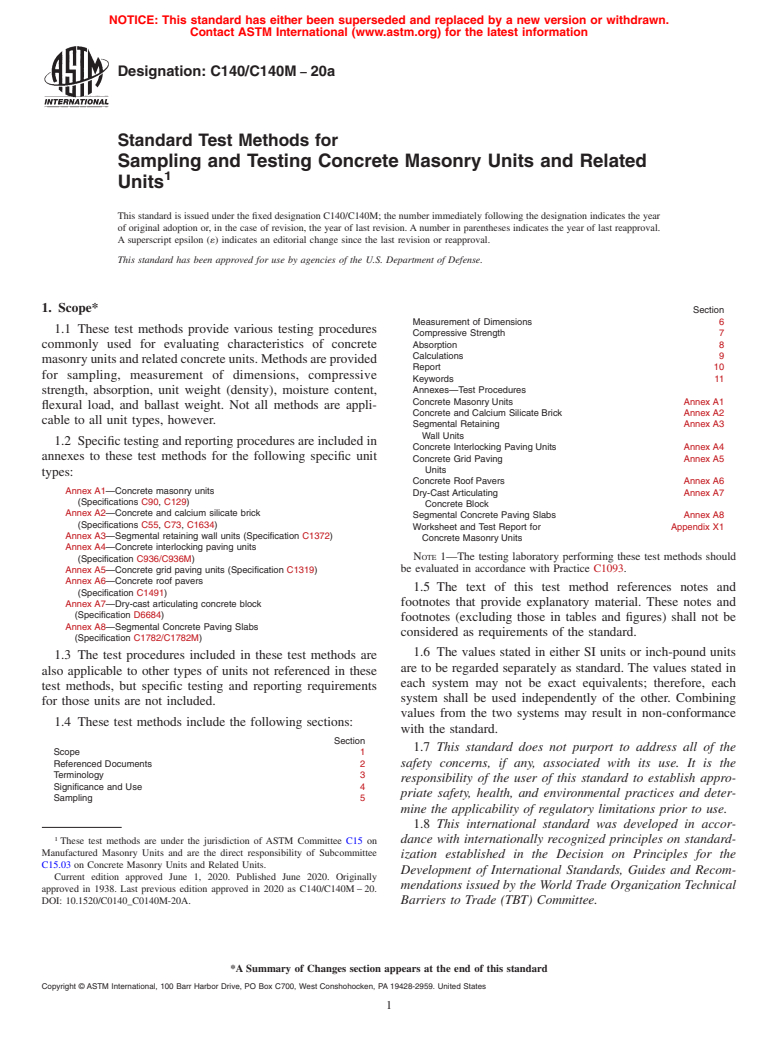 ASTM C140/C140M-20a - Standard Test Methods for Sampling and Testing Concrete Masonry Units and Related Units