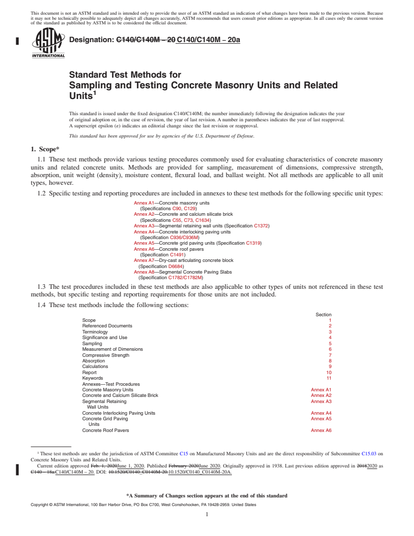 REDLINE ASTM C140/C140M-20a - Standard Test Methods for Sampling and Testing Concrete Masonry Units and Related Units