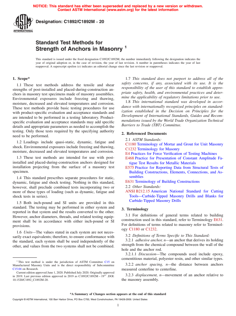 ASTM C1892/C1892M-20 - Standard Test Methods for Strength of Anchors in Masonry