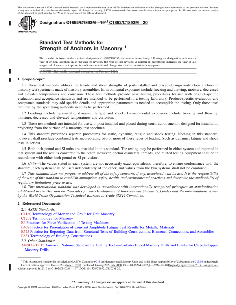 REDLINE ASTM C1892/C1892M-20 - Standard Test Methods for Strength of Anchors in Masonry