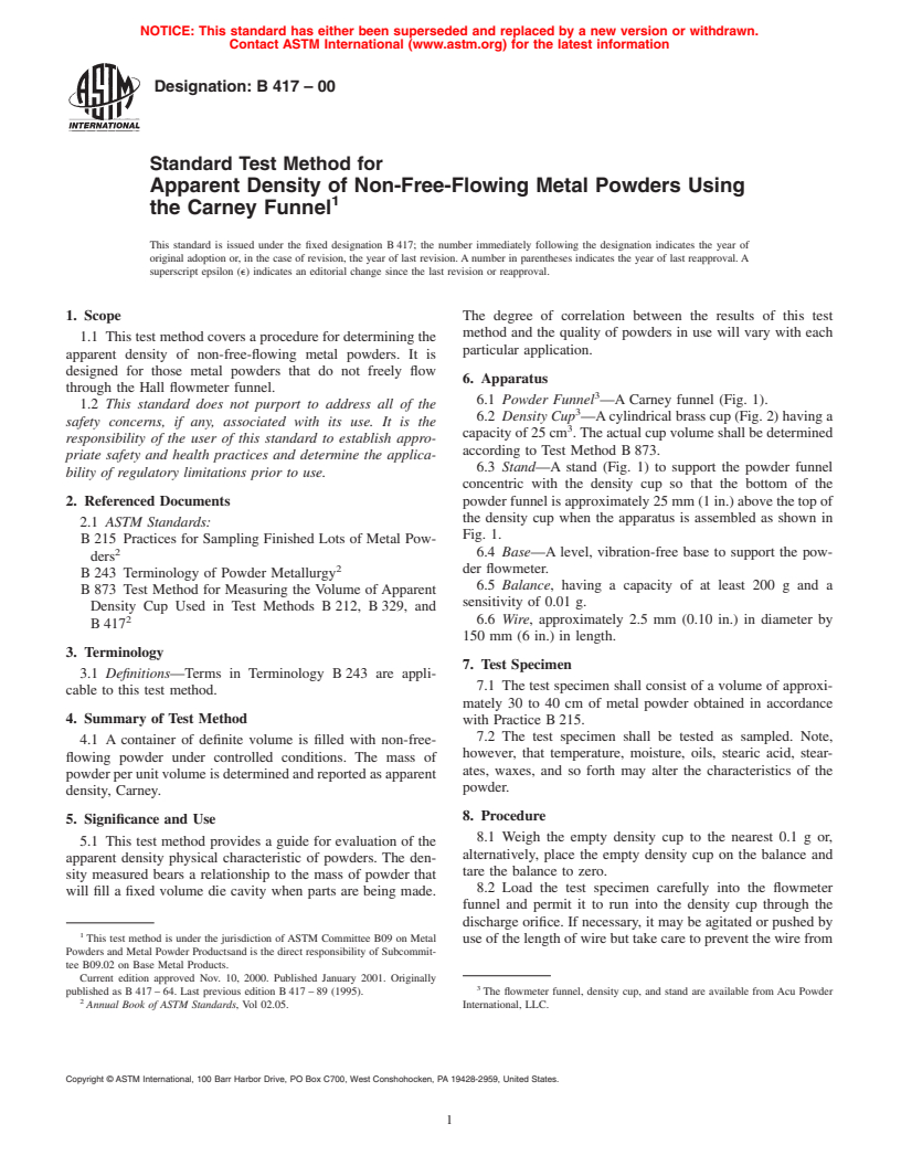 ASTM B417-00 - Standard Test Method for Apparent Density of Non-Free-Flowing Metal Powders Using the Carney Funnel