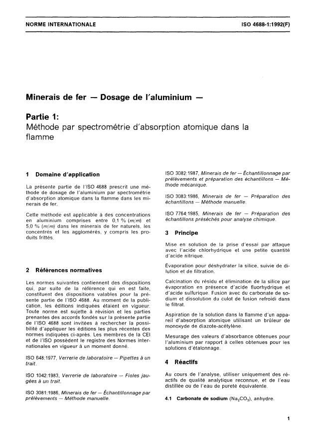 ISO 4688-1:1992 - Minerais de fer -- Dosage de l'aluminium