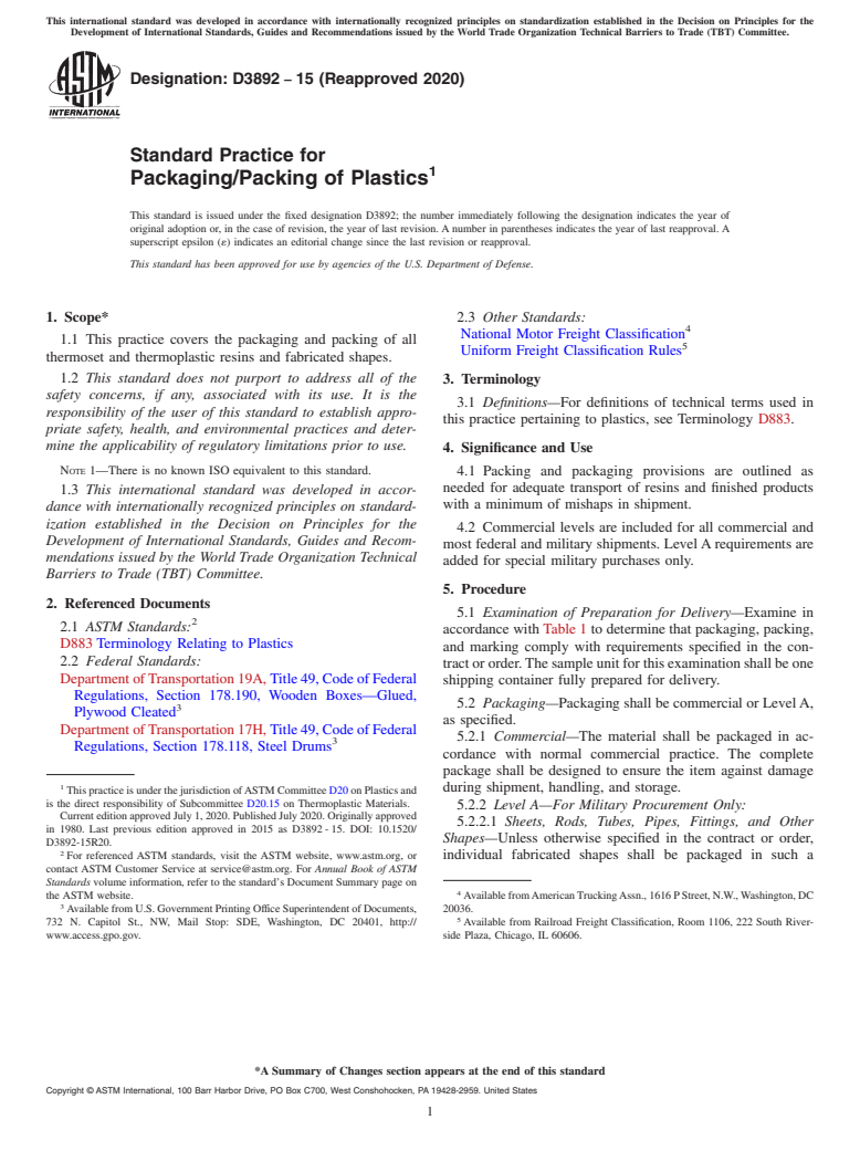 ASTM D3892-15(2020) - Standard Practice for Packaging/Packing of Plastics