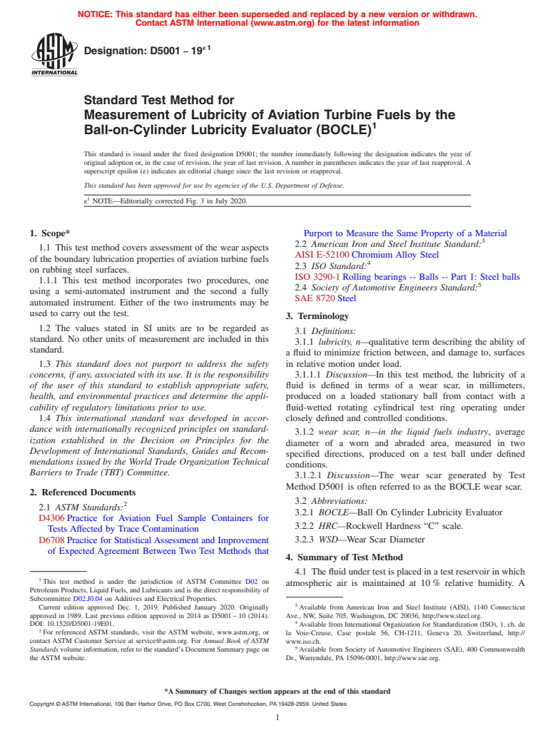 ASTM D5001-19e1 - Standard Test Method for  Measurement of Lubricity of Aviation Turbine Fuels by the Ball-on-Cylinder   Lubricity Evaluator (BOCLE)