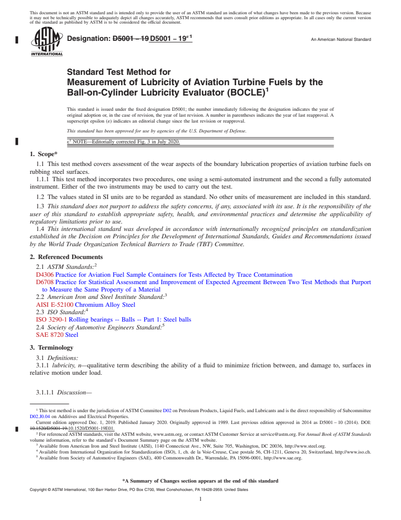 REDLINE ASTM D5001-19e1 - Standard Test Method for  Measurement of Lubricity of Aviation Turbine Fuels by the Ball-on-Cylinder   Lubricity Evaluator (BOCLE)