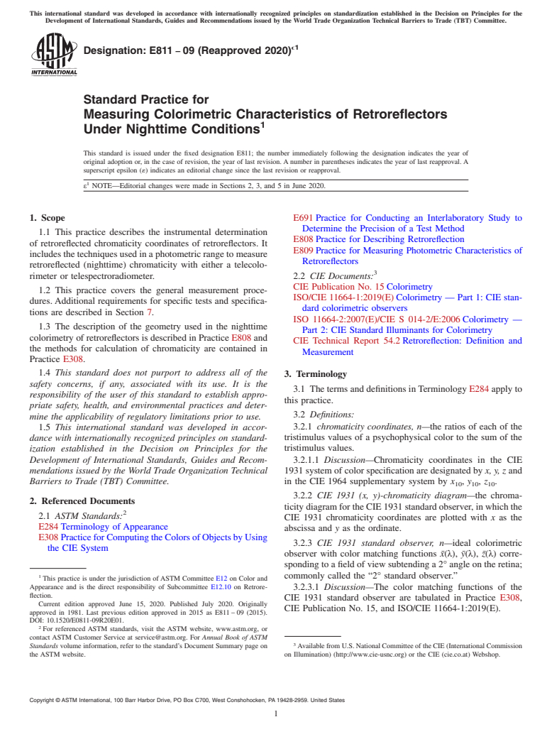 ASTM E811-09(2020)e1 - Standard Practice for Measuring Colorimetric Characteristics of Retroreflectors Under   Nighttime Conditions