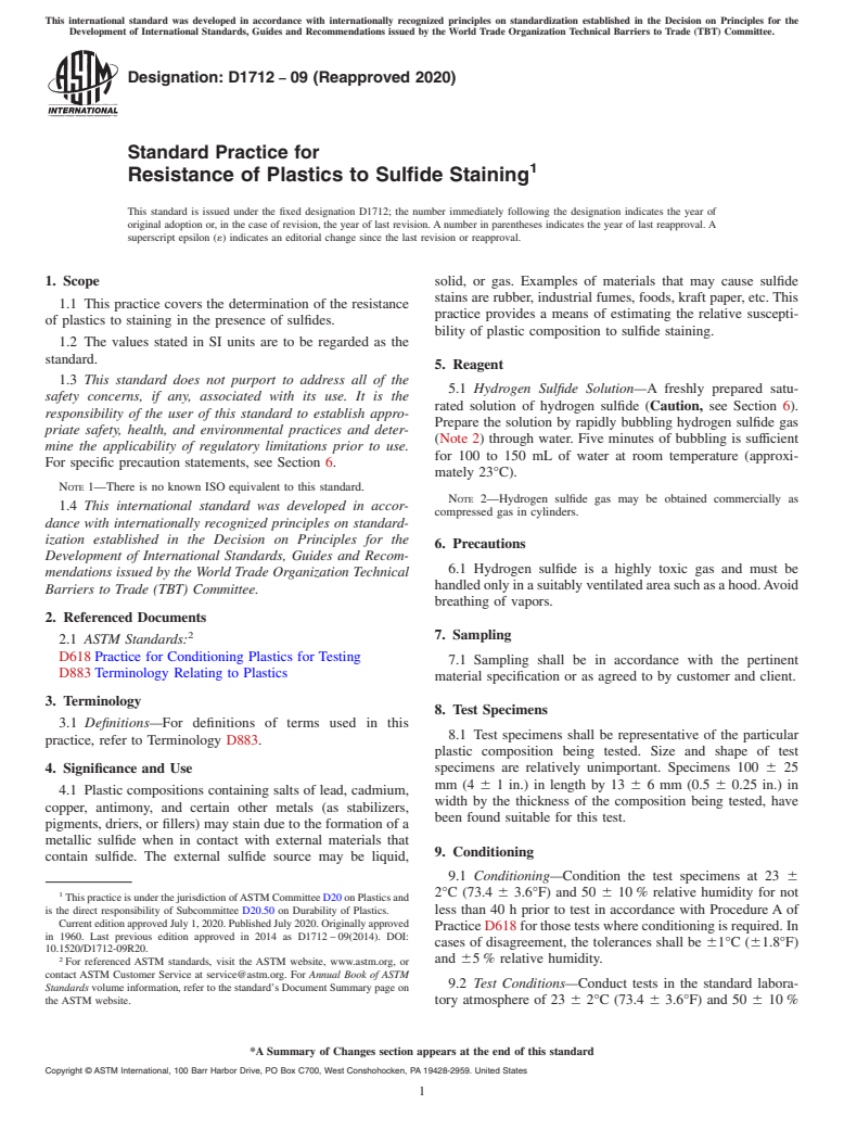 ASTM D1712-09(2020) - Standard Practice for  Resistance of Plastics to Sulfide Staining