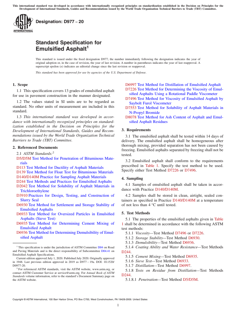ASTM D977-20 - Standard Specification for Emulsified Asphalt