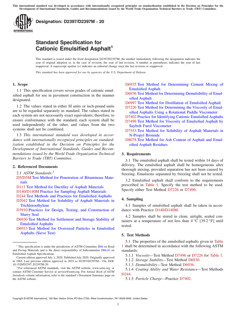 ASTM D2397/D2397M-20 - Standard Specification for Cationic Emulsified Asphalt