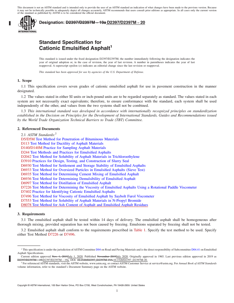 REDLINE ASTM D2397/D2397M-20 - Standard Specification for Cationic Emulsified Asphalt