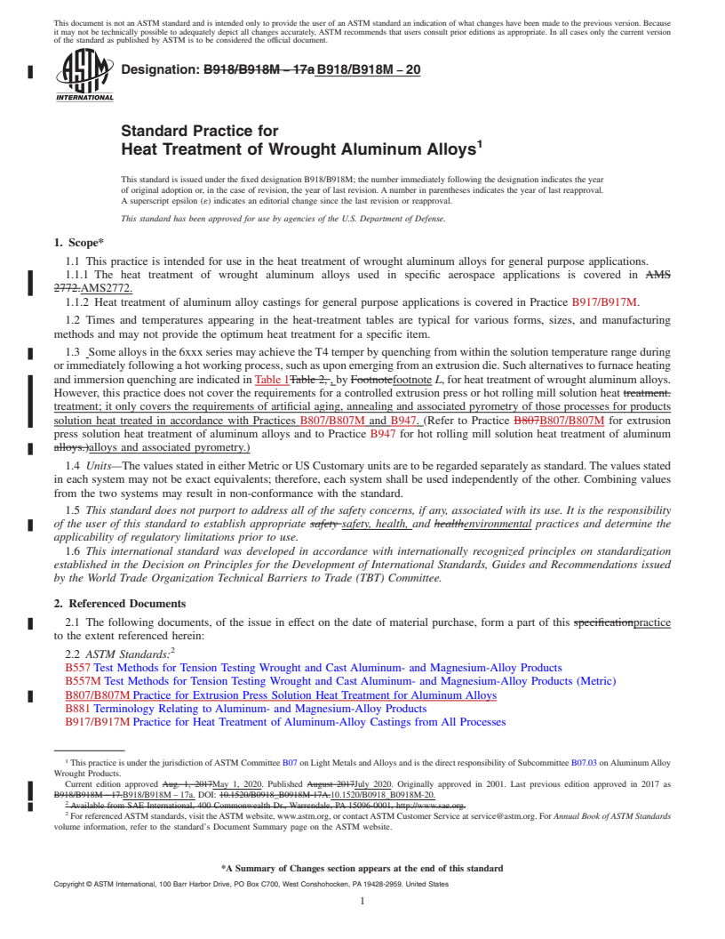 REDLINE ASTM B918/B918M-20 - Standard Practice for  Heat Treatment of Wrought Aluminum Alloys