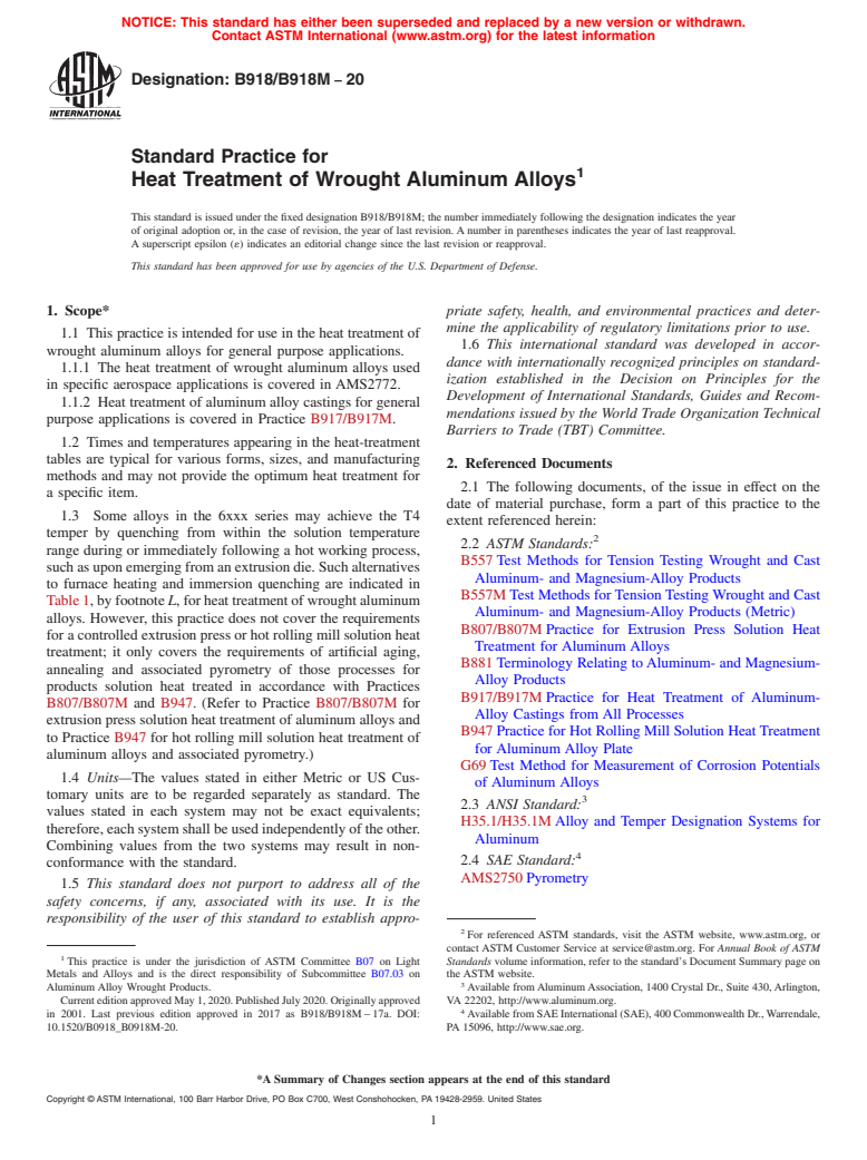 ASTM B918/B918M-20 - Standard Practice for  Heat Treatment of Wrought Aluminum Alloys