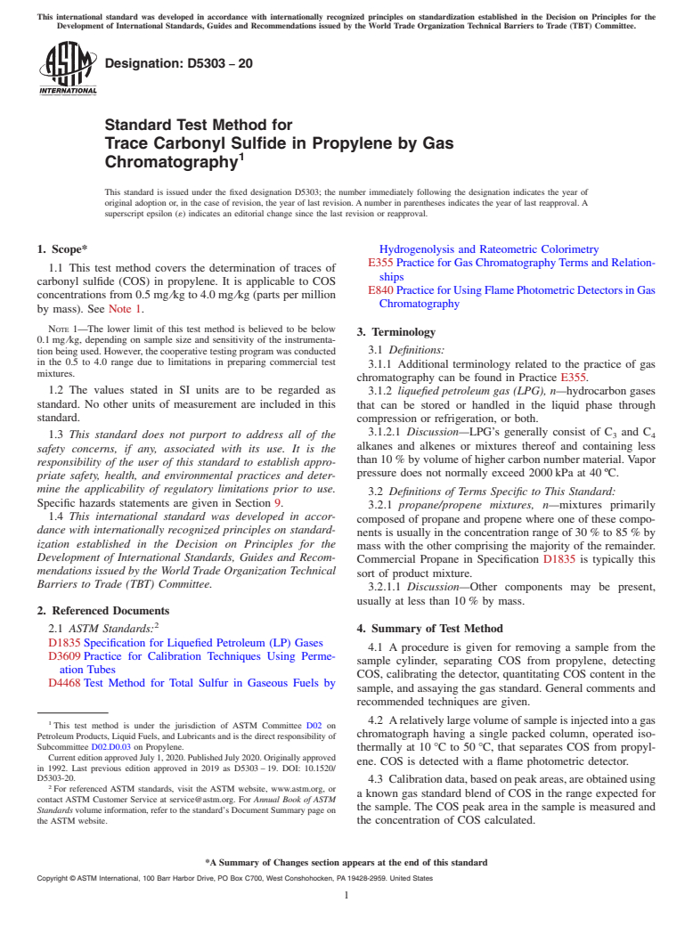 ASTM D5303-20 - Standard Test Method for  Trace Carbonyl Sulfide in Propylene by Gas Chromatography