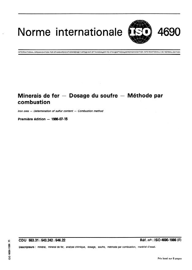 ISO 4690:1986 - Minerais de fer -- Dosage du soufre -- Méthode par combustion