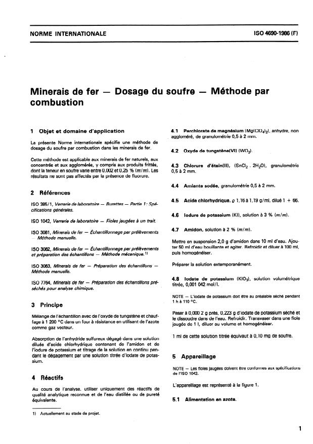ISO 4690:1986 - Minerais de fer -- Dosage du soufre -- Méthode par combustion