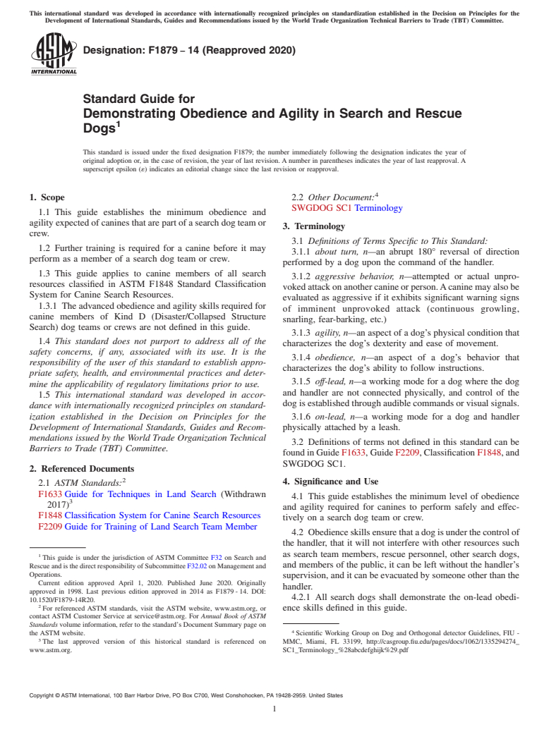 ASTM F1879-14(2020) - Standard Guide for  Demonstrating Obedience and Agility in Search and Rescue Dogs