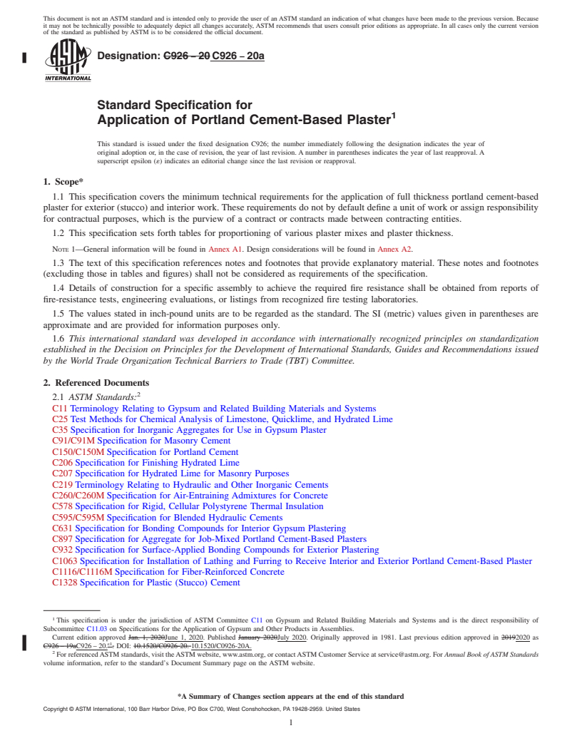 REDLINE ASTM C926-20a - Standard Specification for  Application of Portland Cement-Based Plaster