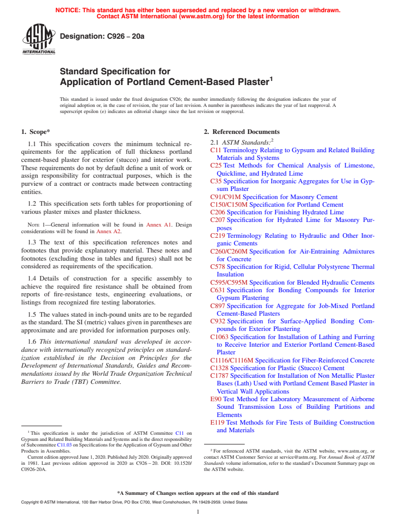 ASTM C926-20a - Standard Specification for  Application of Portland Cement-Based Plaster