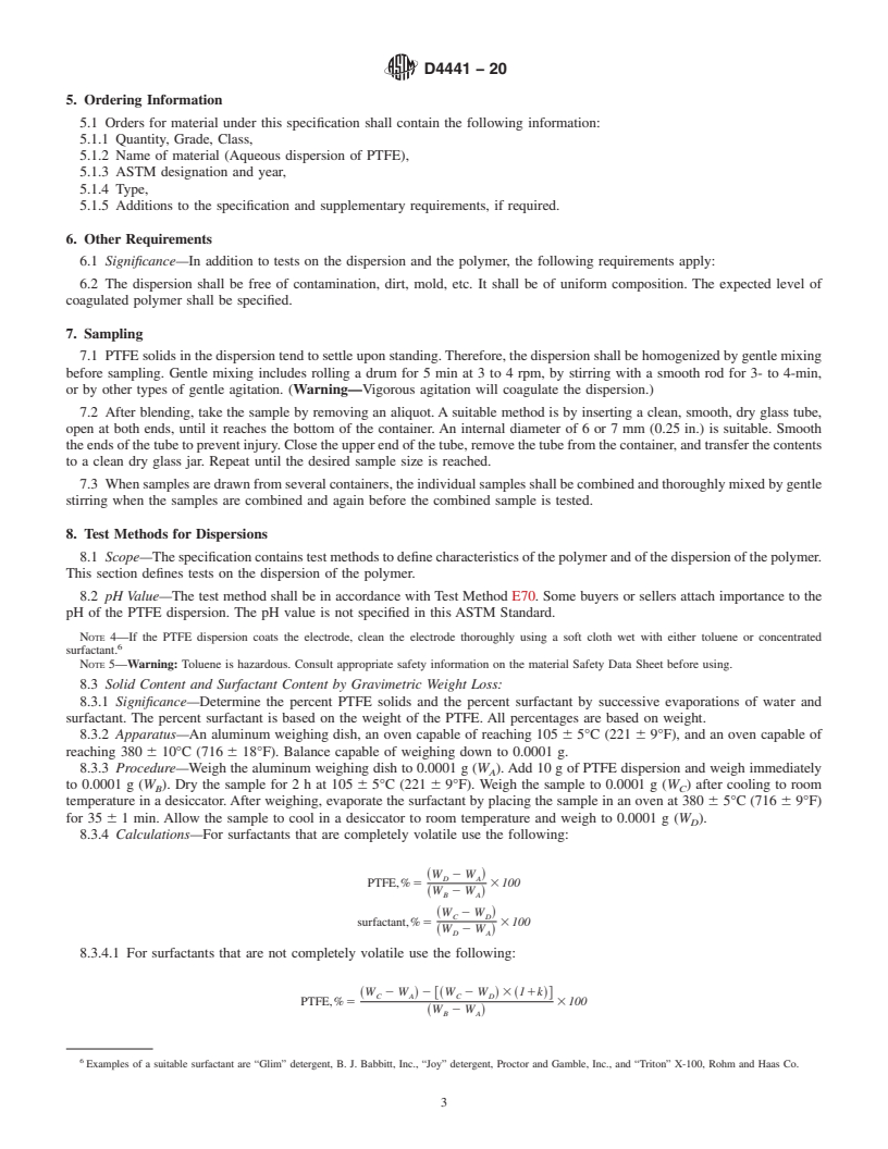 REDLINE ASTM D4441-20 - Standard Specification for  Aqueous Dispersions of Polytetrafluoroethylene