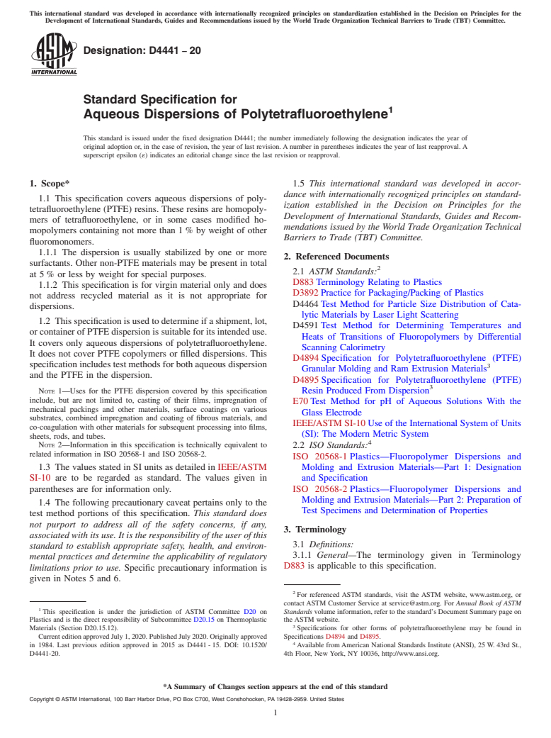 ASTM D4441-20 - Standard Specification for  Aqueous Dispersions of Polytetrafluoroethylene