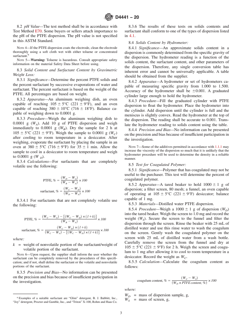 ASTM D4441-20 - Standard Specification for  Aqueous Dispersions of Polytetrafluoroethylene