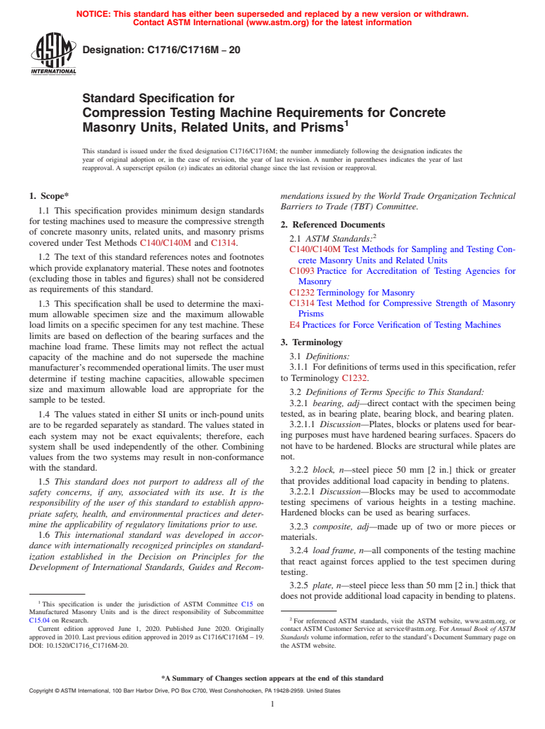 ASTM C1716/C1716M-20 - Standard Specification for Compression Testing Machine Requirements for Concrete Masonry   Units, Related Units, and Prisms