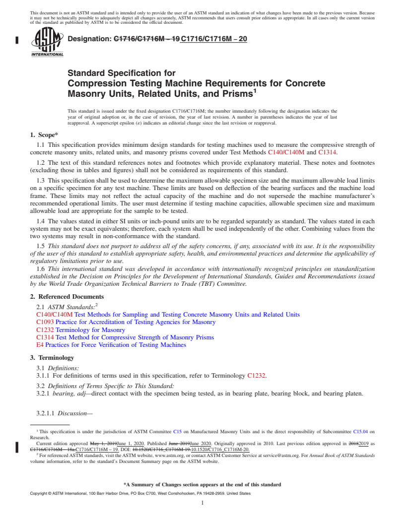 REDLINE ASTM C1716/C1716M-20 - Standard Specification for Compression Testing Machine Requirements for Concrete Masonry   Units, Related Units, and Prisms