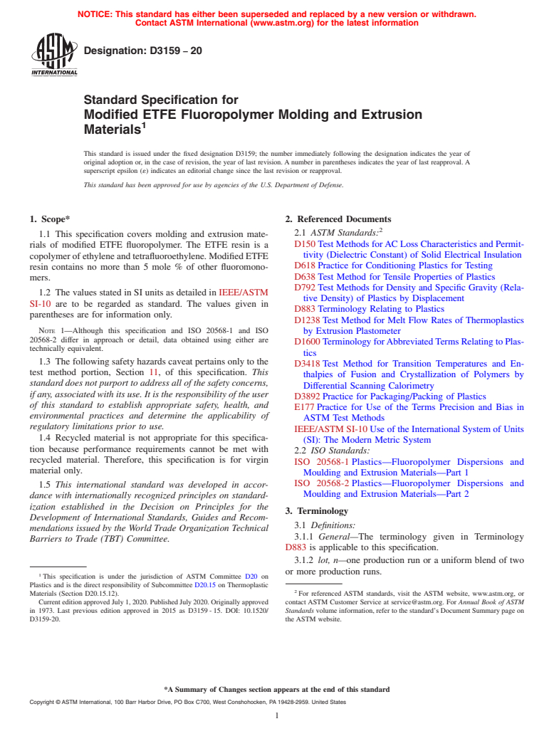 ASTM D3159-20 - Standard Specification for Modified ETFE Fluoropolymer Molding and Extrusion Materials